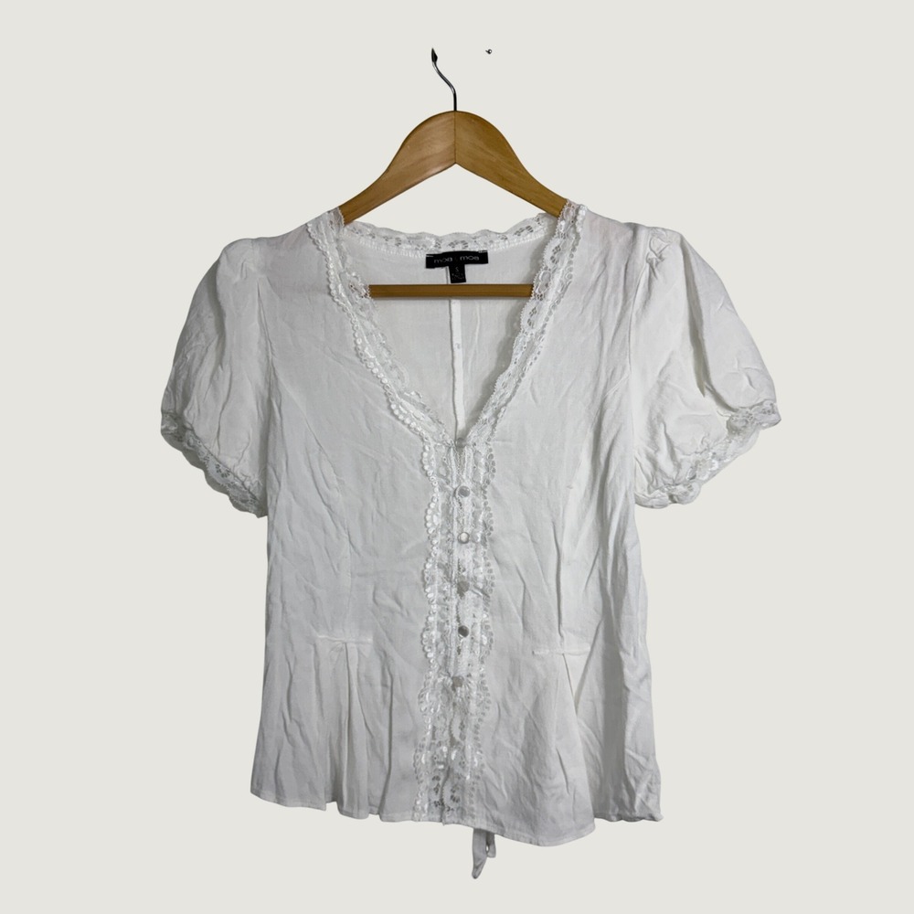 Moa Moa Blouse Small White Lace Trim Puff Sleeve Button Front ITG672-RLX Boho